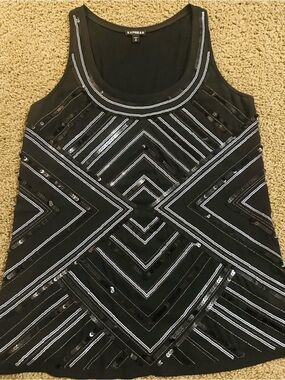 Express Black Tank cami with Silver Sequin Geometric Trim